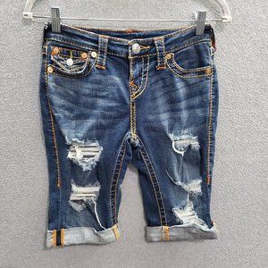 True Religion Riley Women Jean Shorts 26 Blue‎ Denim Knee Length Distressed Logo